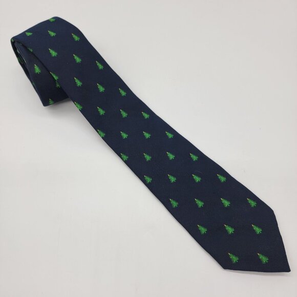 Vintage Christmas Tree Tie Works 100% Polyester Navy Blue Mercer Wenzel Holiday - Picture 1 of 5